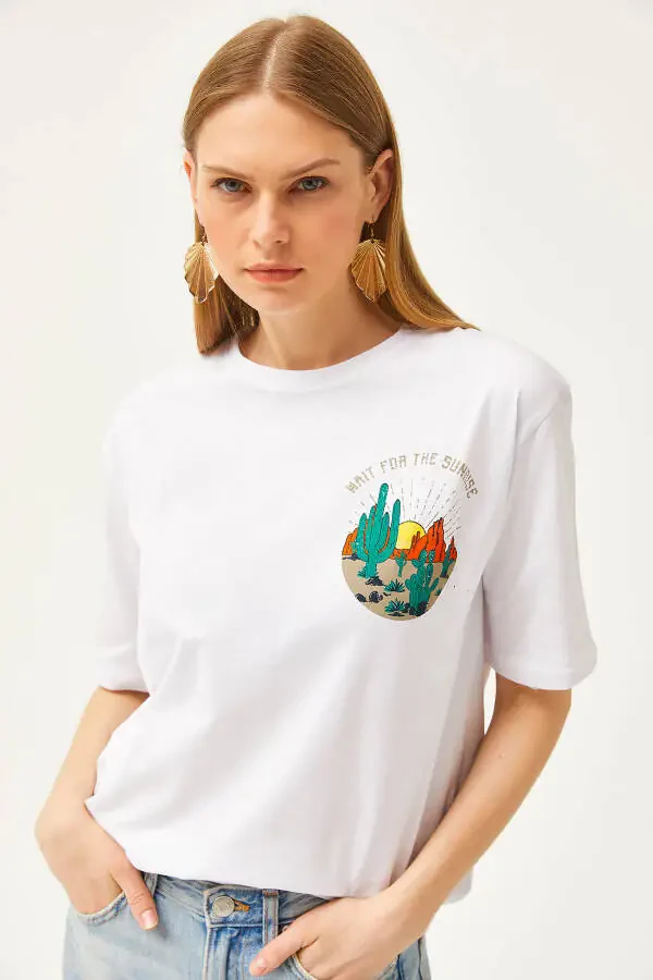 Женская футболка с принтом заката на передней и задней части цвета слоновой кости TSH-19000779 - 2