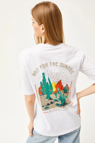 Женская футболка с принтом заката на передней и задней части цвета слоновой кости TSH-19000779 - 5