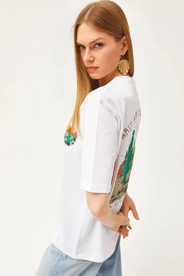 Женская футболка с принтом заката на передней и задней части цвета слоновой кости TSH-19000779 - 6