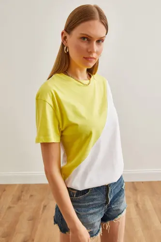 Женская футболка TSH-19000 желто-белая асимметричная блочная - OLALOOK (1)