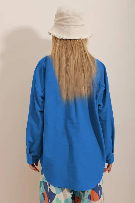 Женская голубая рубашка из льна в стиле оверсайз ALC-X10343 - 5