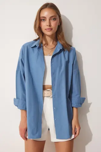 Женская Индиго Синий Oversize Длинная Базовая Рубашка DD00842-Индиго Синий - 5
