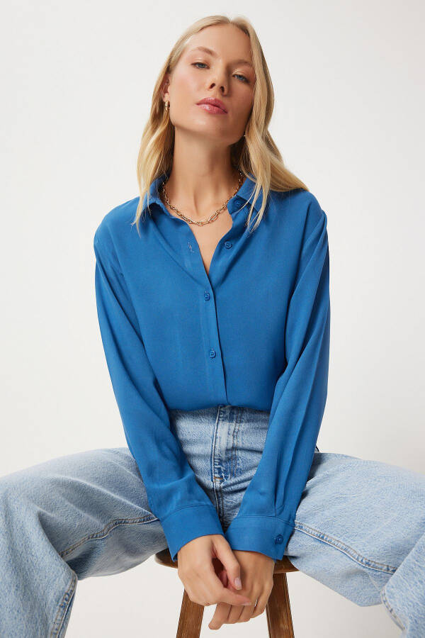Женская индиговая синяя удобная вискозная рубашка свободного кроя TO0015 - 1