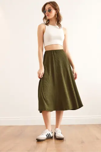 Женская юбка цвета хаки с эластичной талией и драпировкой ETK-19000258-Khaki - 3