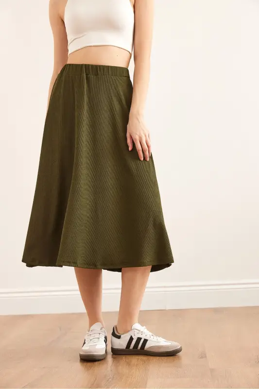 Женская юбка цвета хаки с эластичной талией и драпировкой ETK-19000258-Khaki - 5