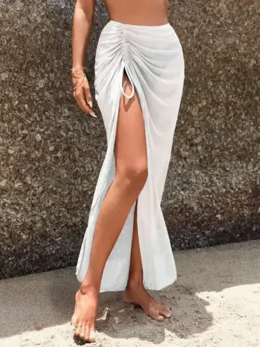 Женская юбка с высокой талией, длинная парео из тюля с боковыми сборками - 4