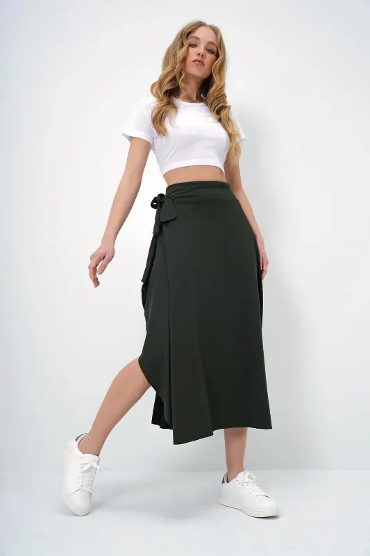 Женская юбка хаки асимметричного кроя с поясом - TREND ALAÇATI STILI