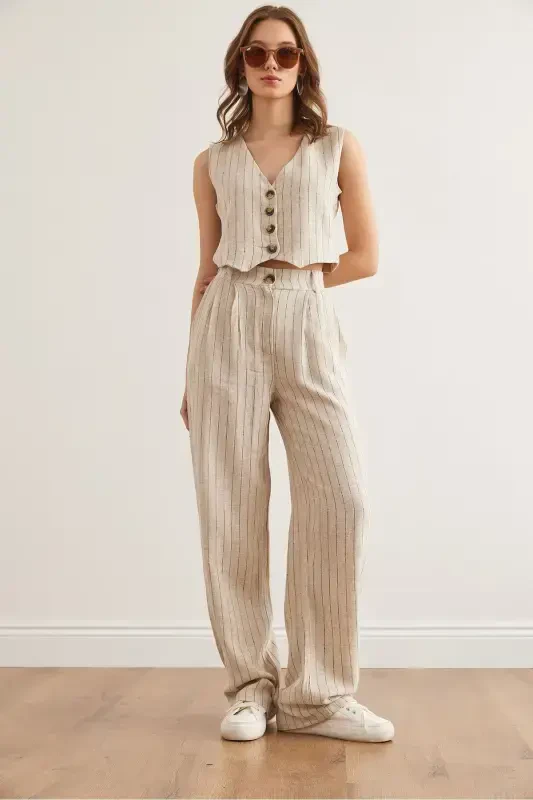 Женская Камень Черный Верх Жилет Низ Карманные Брюки Линия - 2