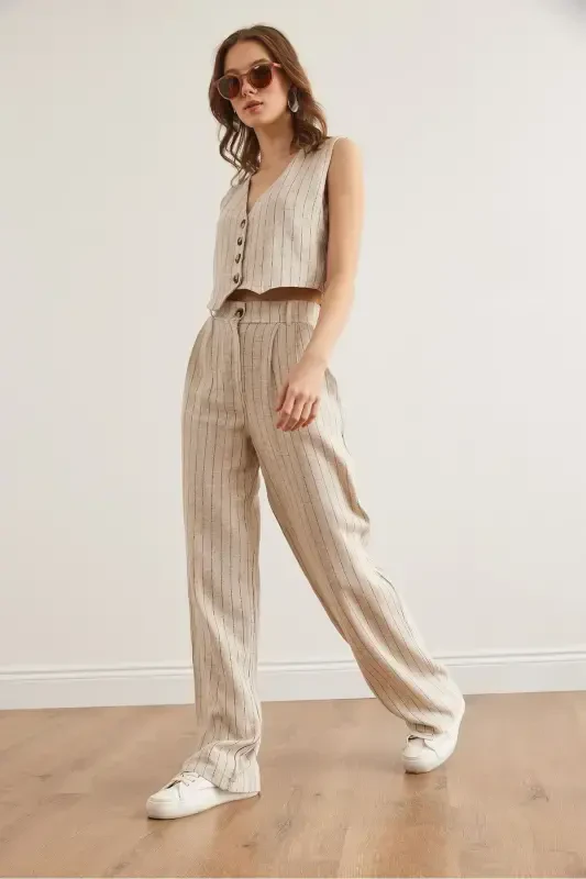 Женская Камень Черный Верх Жилет Низ Карманные Брюки Линия - 3