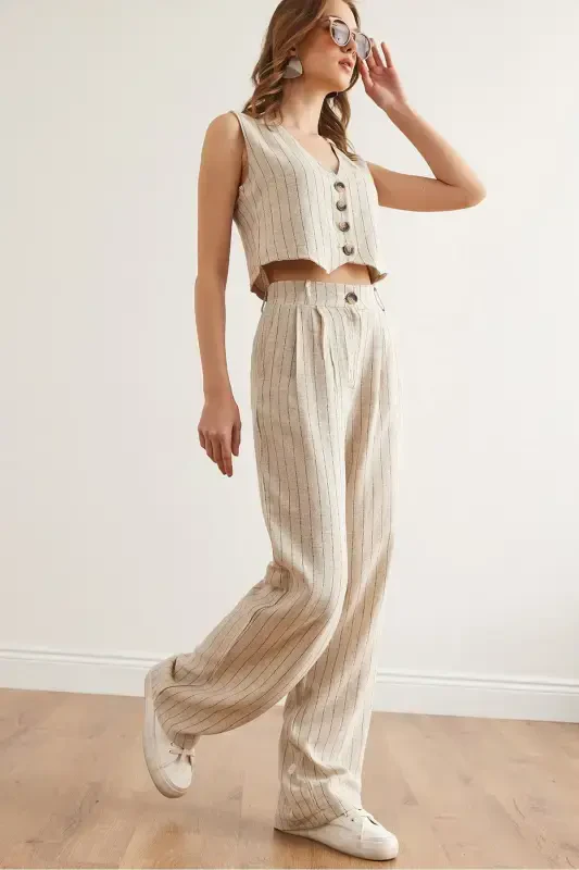 Женская Камень Черный Верх Жилет Низ Карманные Брюки Линия - 5