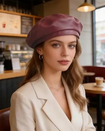 Women's Classic PU Leather French Beret Hat Retro Beanie Hat Artist Beret Cap Adjustable Painter Pumpkin Cap - 4