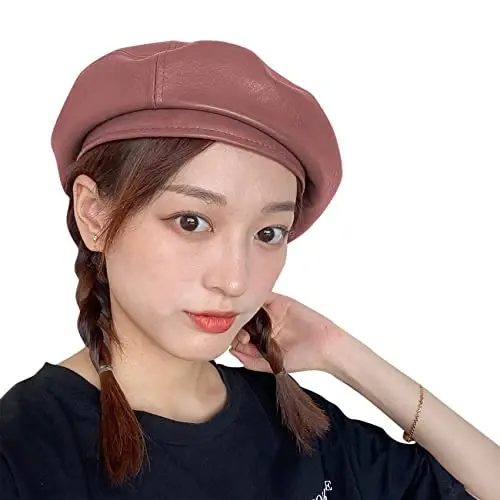 Women's Classic PU Leather French Beret Hat Retro Beanie Hat Artist Beret Cap Adjustable Painter Pumpkin Cap - 2