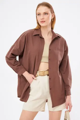 Женская Кофе Oversize Длинная Базовая Рубашка ARM-22Y001118-Кофе - 2