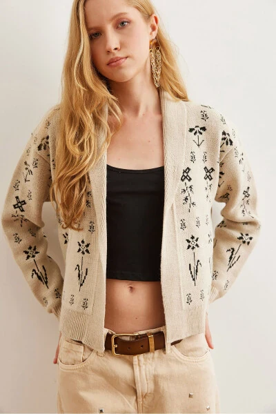 Женская кофта с воротником-шалькой с цветочным рисунком и каменным HRK-19000294 - 5