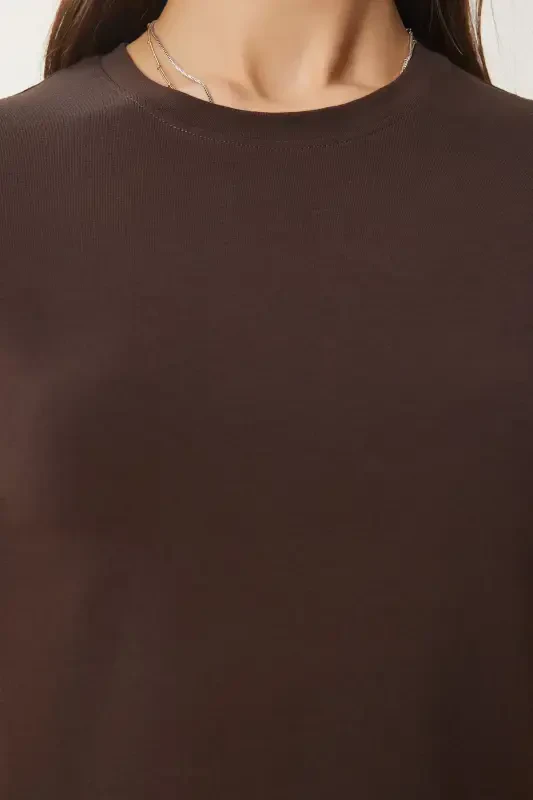 Женская коричневая футболка с коротким рукавом и круглым вырезом UB00064-коричневый - 4