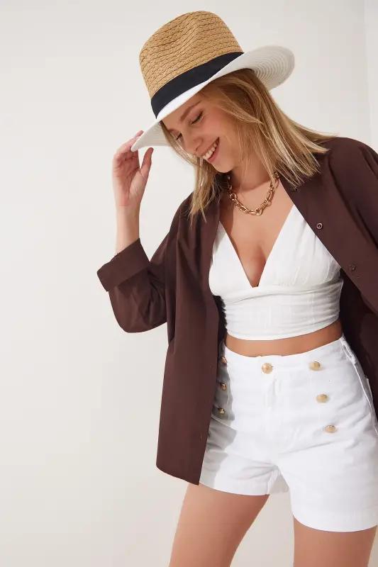 Женская Коричневая Оверсайз Длинная Базовая Рубашка DD00842 - Коричневый - 2