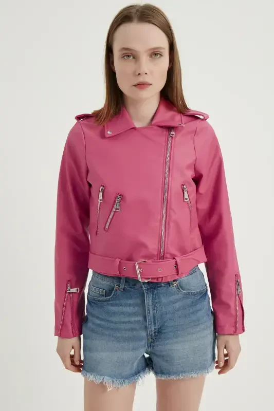 Женская кожаная куртка бесшовная - розовая - 4