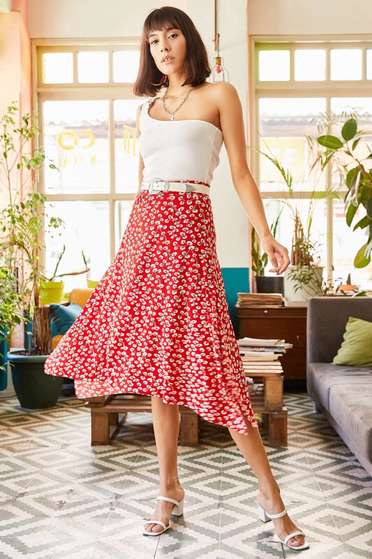 Женская Красная Юбка с Асимметричным Узором ETK-190 - 1