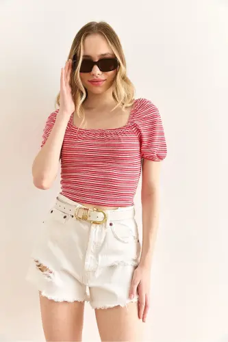 Женская Красная Полосатая Вязаная Блузка Кроп BLZ-1 - 4