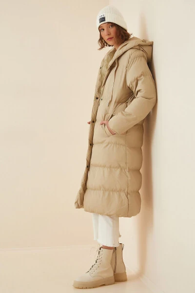 Женская кремовая капюшонная oversize пуховая куртка FD00005 - 3