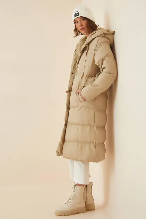 Женская кремовая капюшонная oversize пуховая куртка FD00005 - 3