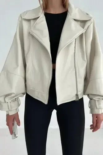 Женская кремовая куртка oversize из искусственной кожи - кремовая - LALELI BUTIK (1)