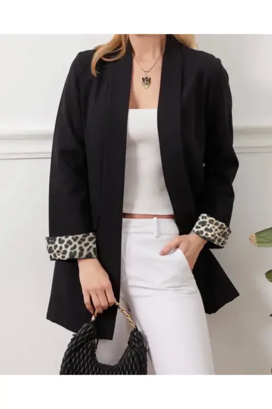 Женская куртка-накидка с леопардовым принтом, черная - Siyah11 - 1