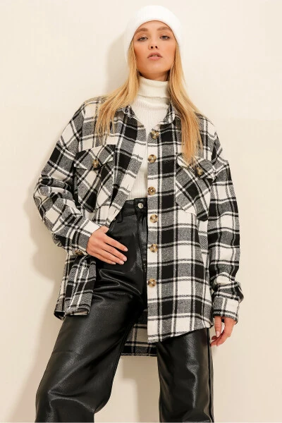 Женская куртка-рубашка сафари оверсайз из кашемира с черно-белым клетчатым рисунком из хлопка ALC-X7142 - TREND ALAÇATI STILI (1)