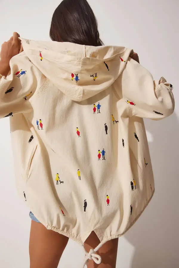 Женская куртка с капюшоном из неокрашенного льна с кремовым принтом SA00014 - 3