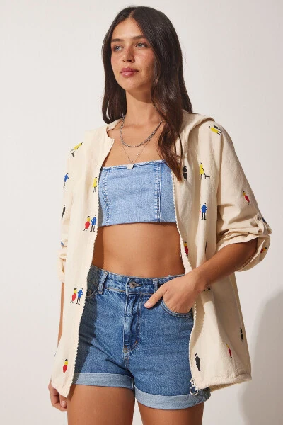 Женская куртка с капюшоном из неокрашенного льна с кремовым принтом SA00014 - 6