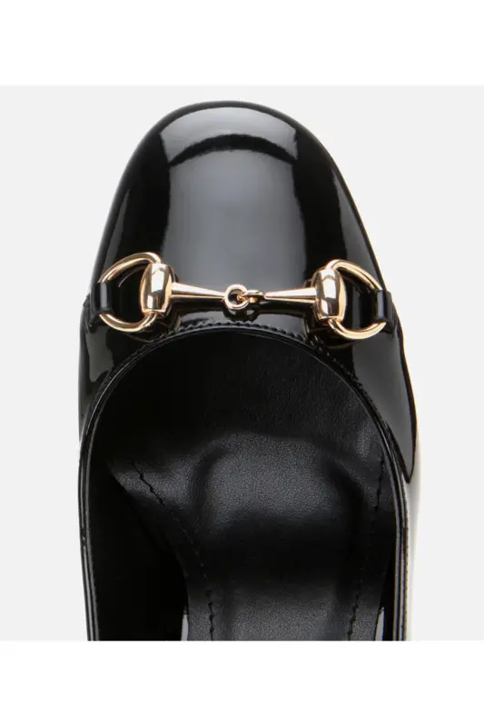 Женская лакированная черная обувь с открытой спиной на толстом каблуке - 4