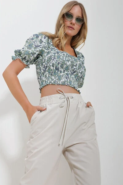 Женская льняная блузка с квадратным вырезом, рукавами-арбузом и кроп-топом зеленого и белого цвета ALC-X11651 - 3