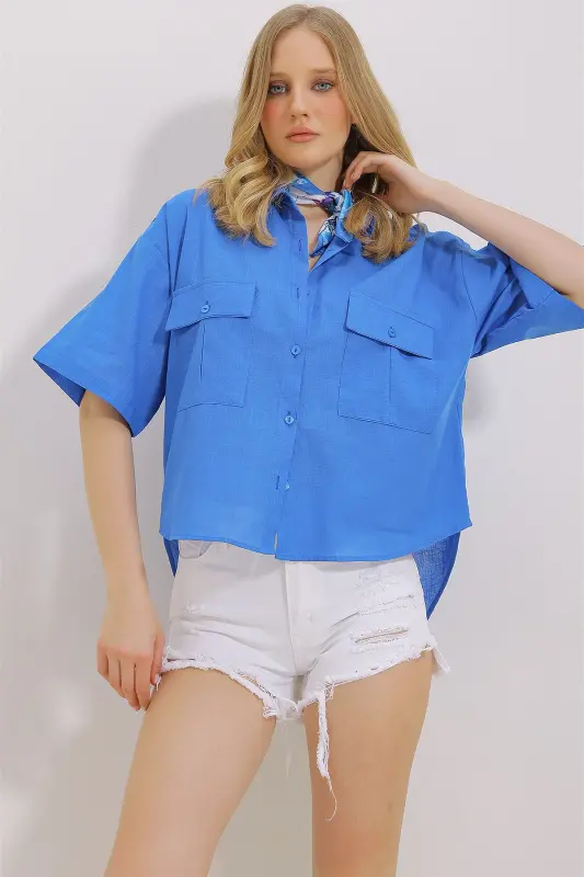 Женская Льняная Рубашка с коротким рукавом, двумя карманами и цветом сакс ALC-X9991-SAKS - 2