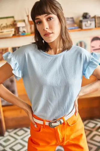 Женская Майка Baby Blue С Рюшами На Рукавах TSH- - OLALOOK (1)