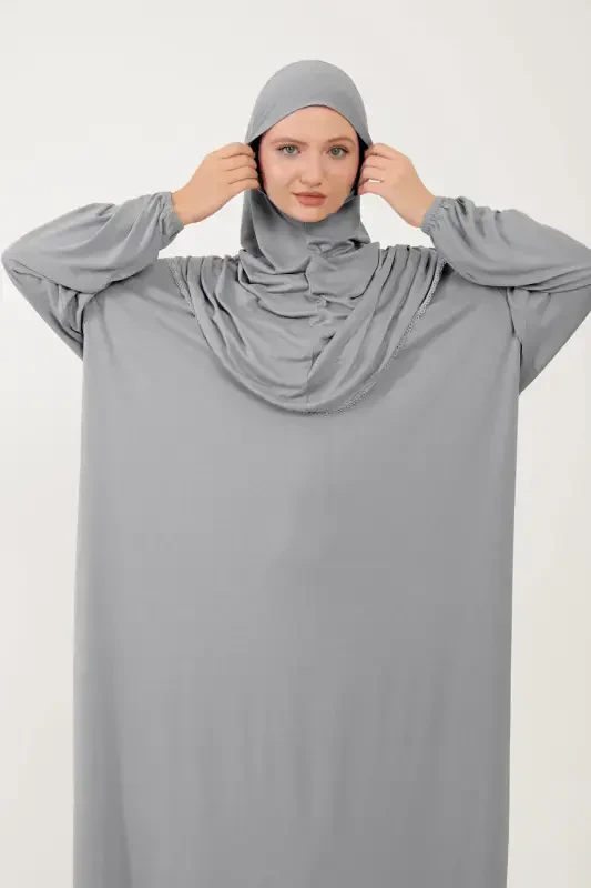 Женская мусульманская хлопковая молитвенная одежда с кружевным платком, цельная трикотажная ткань, серая. - 3