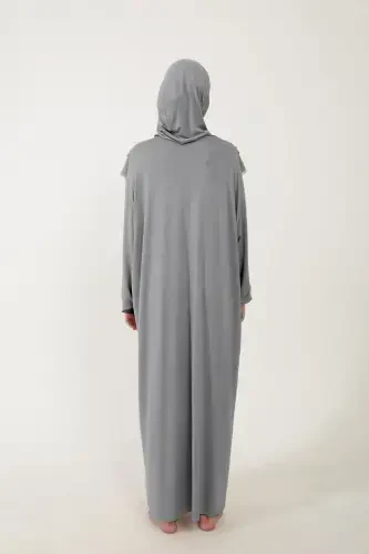 Женская мусульманская хлопковая молитвенная одежда с кружевным платком, цельная трикотажная ткань, серая. - 5