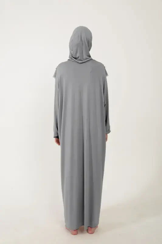 Женская мусульманская хлопковая молитвенная одежда с кружевным платком, цельная трикотажная ткань, серая. - 5