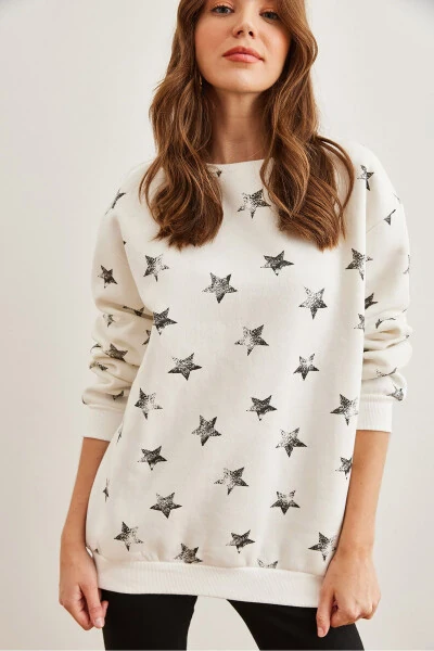 Женская оверсайз толстовка с начесом, звезда, экрю, черный, SWT-19000658 - OLALOOK