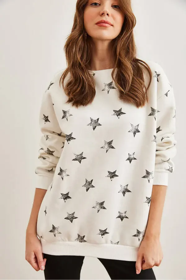 Женская оверсайз толстовка с начесом, звезда, экрю, черный, SWT-19000658 - 1