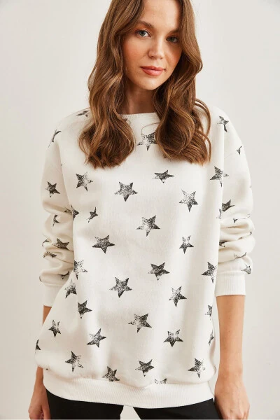 Женская оверсайз толстовка с начесом, звезда, экрю, черный, SWT-19000658 - 3