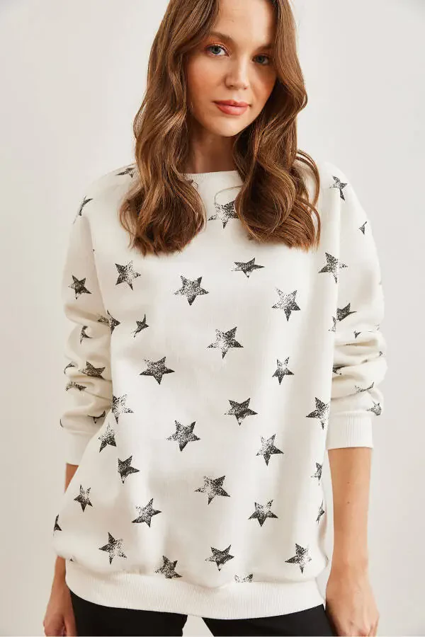 Женская оверсайз толстовка с начесом, звезда, экрю, черный, SWT-19000658 - 3