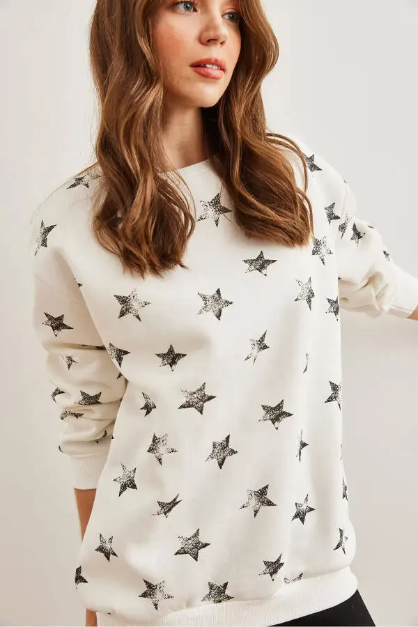 Женская оверсайз толстовка с начесом, звезда, экрю, черный, SWT-19000658 - 4