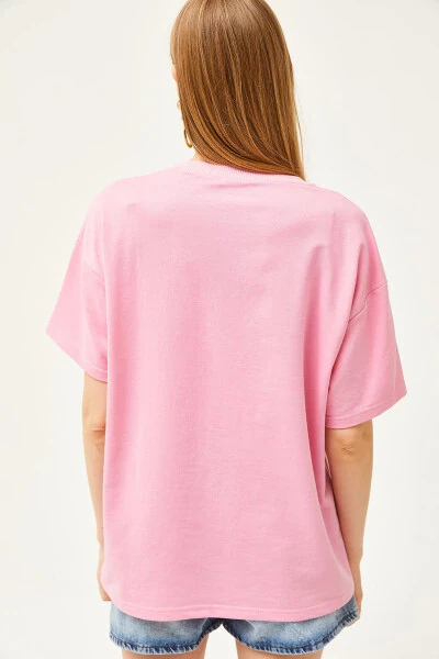 Женская розовая футболка оверсайз с вышивкой Mom из 2 нитей TSH-19000785 - 6
