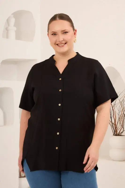 Женская рубашка больших размеров с воротником-стойкой и разрезом спереди, черная - BÜYÜKBEDENIZ