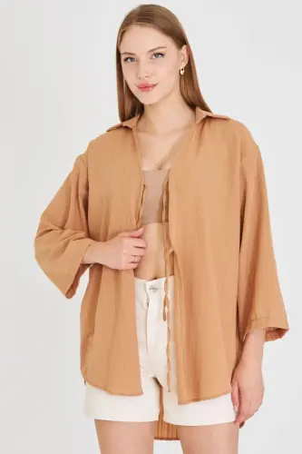 Женская рубашка Camel с воротником-стойкой и шнуровкой спереди, кимоно ARM-25K001006-Camel - 2