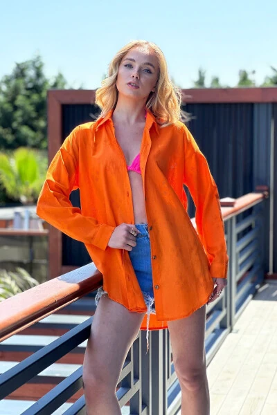 Женская рубашка из льна свободного кроя с оранжевым узором ALC-X11288 - TREND ALAÇATI STILI (1)