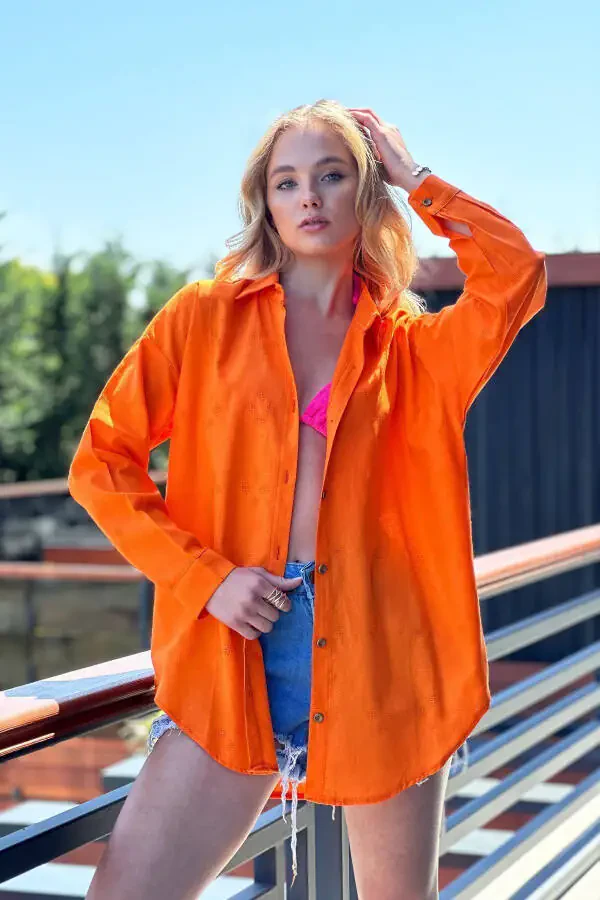 Женская рубашка из льна свободного кроя с оранжевым узором ALC-X11288 - 3