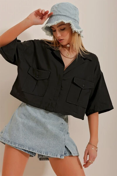 Женская рубашка из поплина с карманом-конвертом черного цвета ALC-X6045 - TREND ALAÇATI STILI (1)