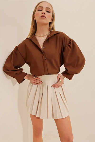 Женская рубашка из поплина с рукавами-фонариками, коричневого цвета, на скрытой пуговице, базовая ALC-X9654 - TREND ALAÇATI STILI (1)