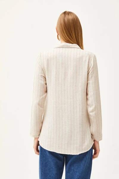 Женская рубашка из смеси льна с полосками цвета камня GML-19001176 - OLALOOK (1)